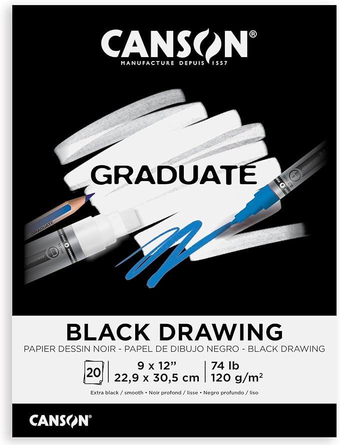 Canson Graduate Black Drawing Pad, Foldover, 9x12 inch, 20 Sheets | Artist Paper for Adults and Students - Drawing, Sketching and Art Journaling