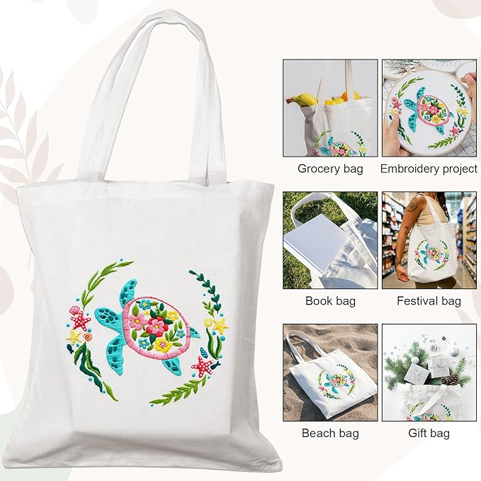 Nuberlic Canvas Tote Bag Embroidery Kit for Beginners Adults -Cross Stitch Kits Needlepoint with Sea Turtles Pattern Bag Reusable Eco-Friendly Shopping Bag