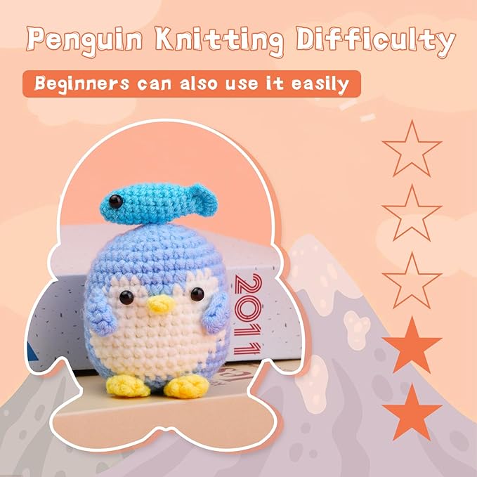 IMZAY Crochet Kit for Beginners, Beginner Animal Crochet Kit, Cute Crochet Starter Kit with Video Tutorial, Crochet Hooks, Colored Yarns, Stitch Marker Complete Crochet Set to Make Blue Penguin