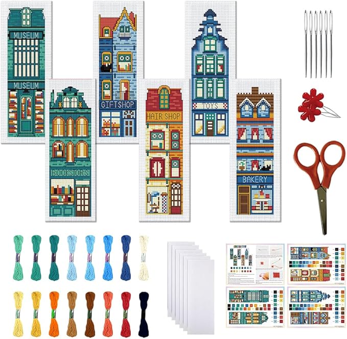 FREEBLOSS 6 Set Cross Stitch Bookmark Kit Stamped Cross Stitch Kit Street View Pattern Embroidery Set with Instruction for Adults 8''*2.4''