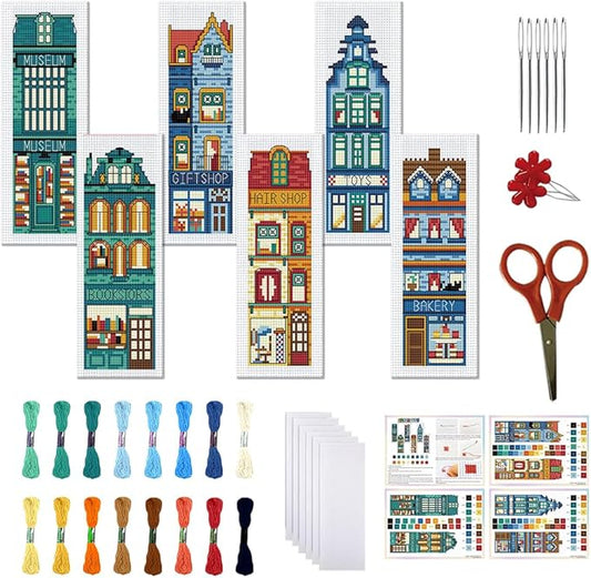 FREEBLOSS 6 Set Cross Stitch Bookmark Kit Stamped Cross Stitch Kit Street View Pattern Embroidery Set with Instruction for Adults 8''*2.4''