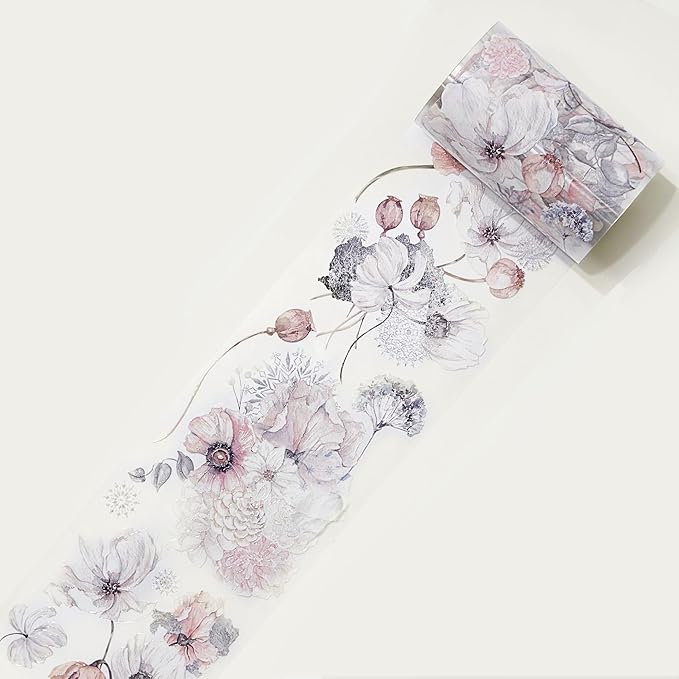 WT Frostbloom Wide PET Tape, Single Roll, Original Winter Floral Designs, Clear Transparent Adhesive Tape – Not Pre-Cut, for Junk Journals, Scrapbooks, Bujo, Planners, DIY Crafts, Art Stationery