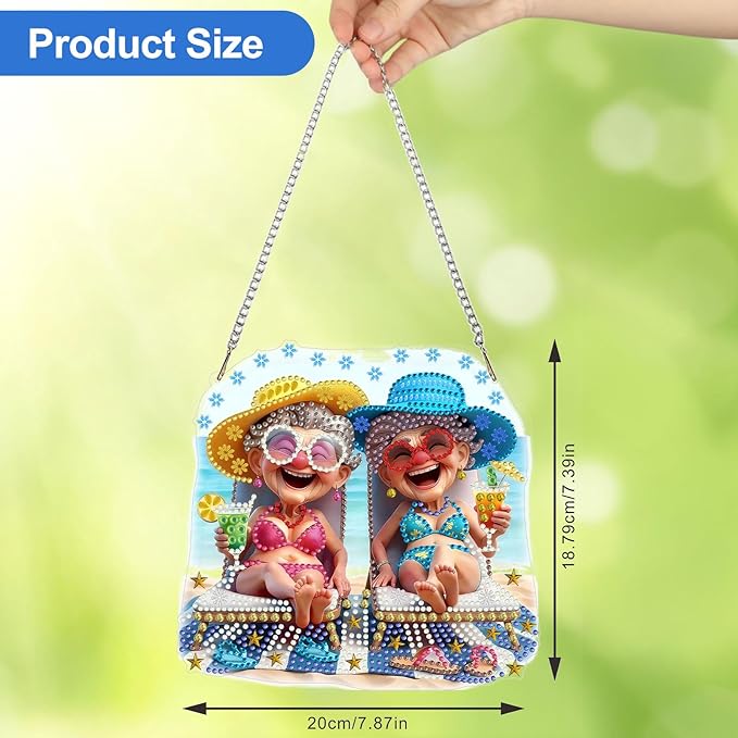 CEOVR Happy Grandma Hanging Diamond Art for Adults, Summer Beach Diamond Painting Pendant DIY Gem Art Wall Ornament, Acrylic Home Garden Decor with Chain, Box Kit 7.87×7.39inch