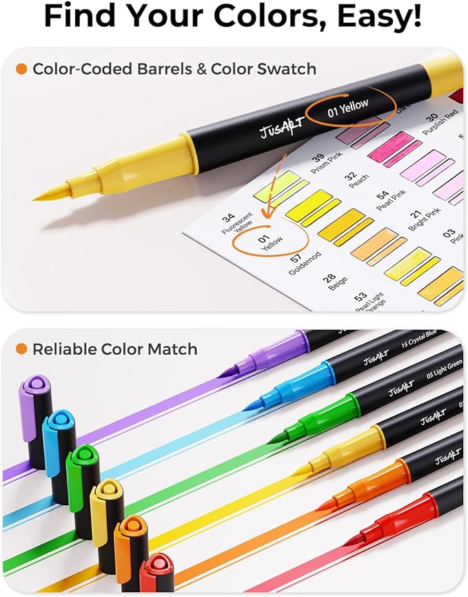 JusArt Markers for Adult Coloring Books No Bleeding, 100 Colors Coloring Markers with Dual Tips, Fine & Brush Pens with Ergonomic Triangle Grip & 33% More Ink, Water-Based Art Drawing Set for Adults