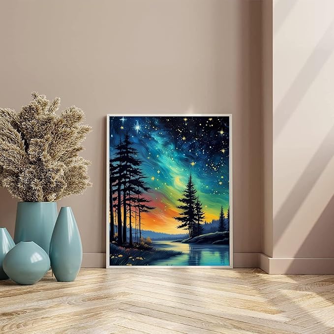 Starry Sky Paint by Numbers for Adults with Framed Canvas - with Wooden Easel, Landscape Paint by Number on Canvas, Acrylic Oil Painting Kit with Brushes Nice Gift Box for Home Wall Decor (12x16 inch)