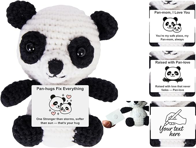 Handmade Mini Positive Crochet Animals Customizable Card Set with Positive Messages Emotional Support Crochet Birthday Gift for Woman Men Her him Motivational Desk Decor (Panda - Mom)