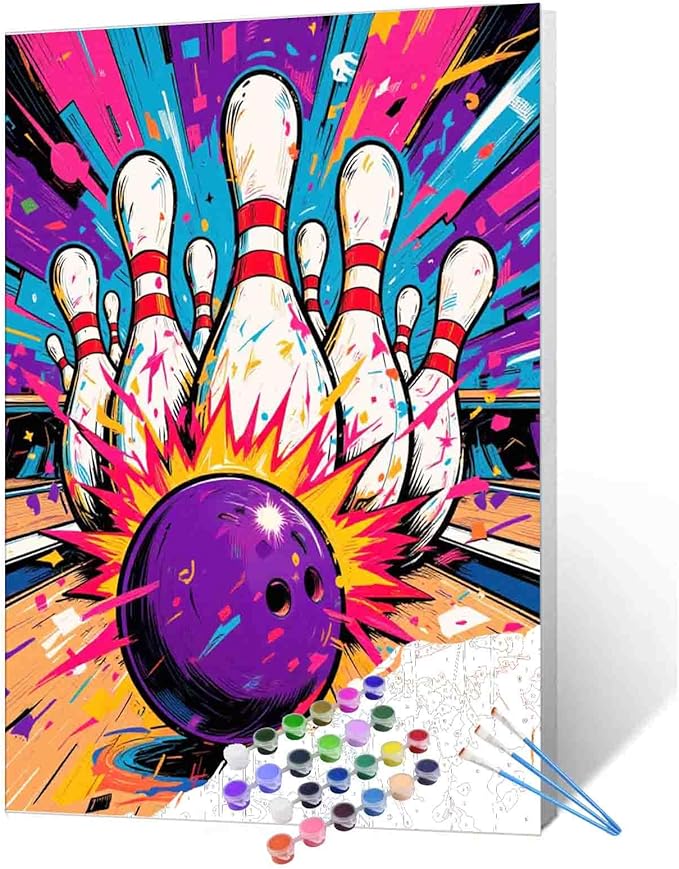 Bowling Strike Paint by Numbers Colorful Bowling Ball Plant DIY Painting on Canvas with Brushes Pigment Crafts DIY Paintwork Home Decoration Gift for Sports Lovers 16x20 Inch (Frameless)