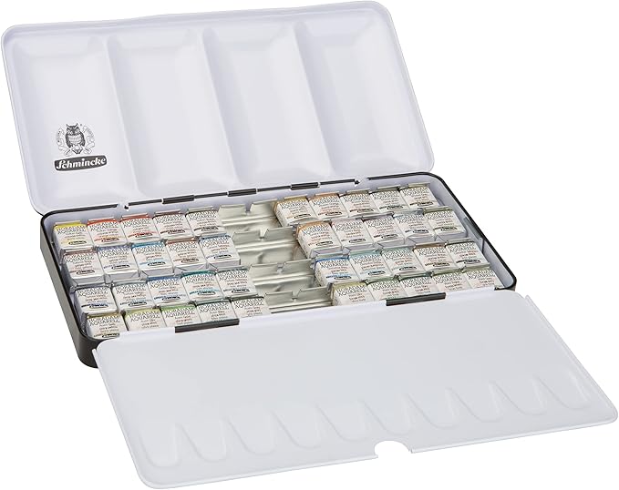 Schmincke - HORADAM® AQUARELL, Super Granulation Set Complete Assortment, 40 x Half Pans, 74 440 097, Metal Box, Very Strong granulating Watercolors