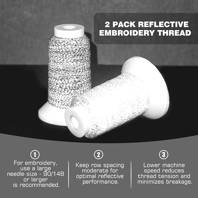 High-Visibility Reflective Embroidery Thread Kit Improved Night Safety, 2X200M(218Yds) Each Spool Polyester Sewing Machine Thread Suitable for Hand Embroidery, Sewing, Quilting (Black&Gray)