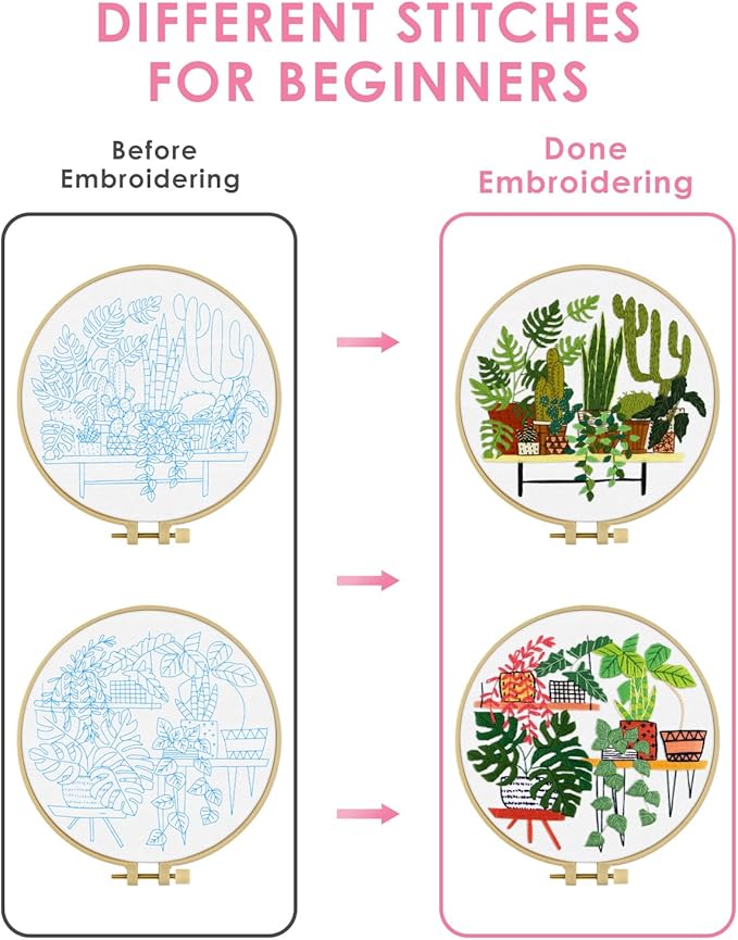 TINDTOP Embroidery Kit for Adult, Owl Embroidery Kit for Beginners Include Embroidery Cloth Hoops Threads for Craft Lover Hand Stitch with Embroidery Skill Techniques (Cactus)
