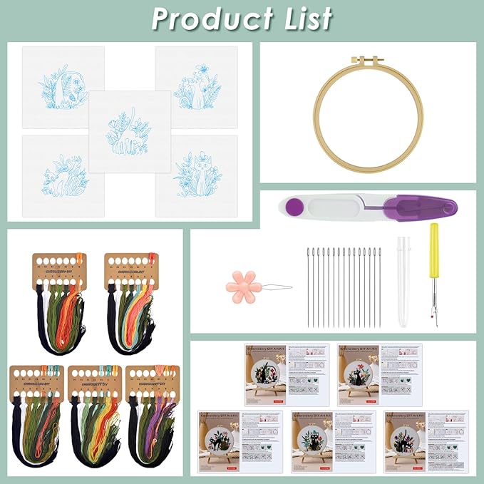 ERKOON Embroidery Kit for Beginners, 5 Sets Flower Cross Stitch Set for Adults Include Embroidery Cloth Hoops Threads for Craft Lover Hand Stitch with Skill Techniques (Black Cat)