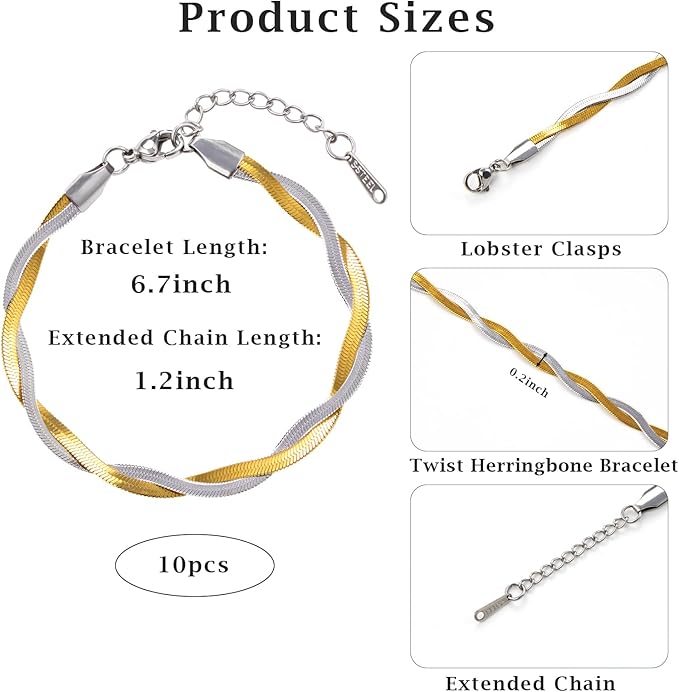 KYUNHOO 6.7 Inches Gold and Silver Twisted Bracelet Chain Set 10 PCS Stainless Steel Herringbone Snake Chains for Bracelets Making with Lobster Clasps and Adjustable Extender