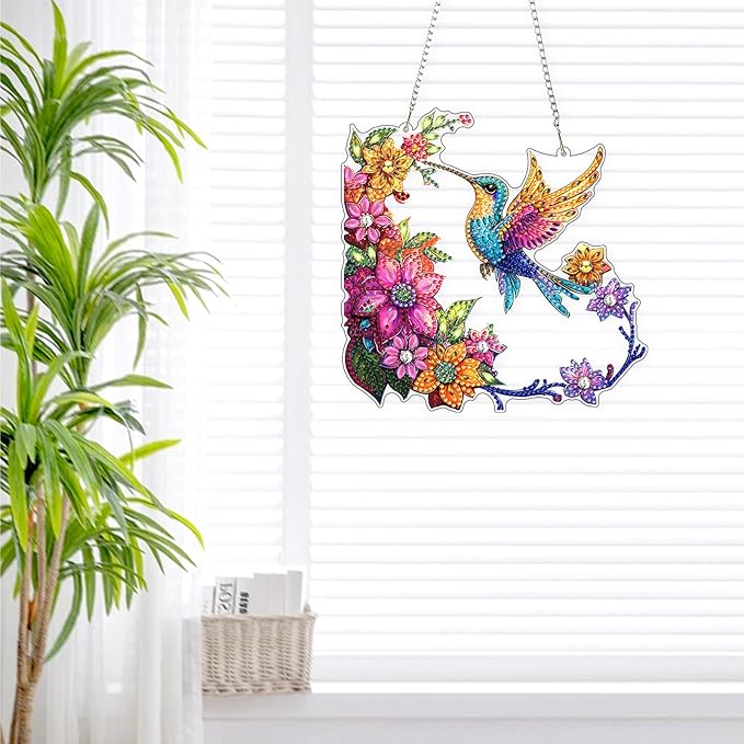 Lxmsja DIY Hummingbird Diamond Painting Hanging Ornament, Double-Sided Acrylic Colorful Flowers Diamond Art Kit, Special Shaped Suncatcher Hanging Pendant Window Art Kit 8x8 inch