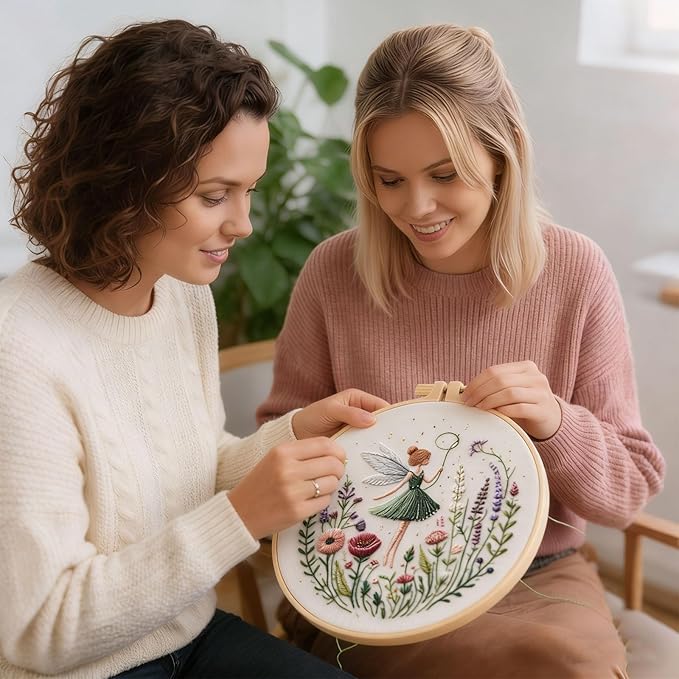 Embroidery Kit for Adults, Pre-Stamped Pattern Embroidery Kit for Beginners, DIY Hand Needlepoint Starter Kit with Hoop Thread Needle Instruction, 7.87'' Hoop (Flower Fairy 3 Packs)