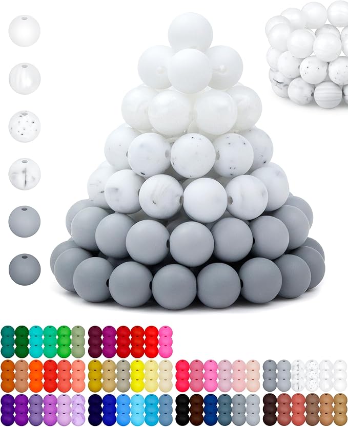 160pcs fiveizero 12mm silicone beads for keychain making, white mixed 6 colors round silicone beads bulk for pens, rubber bead for bracelets and diy crafts