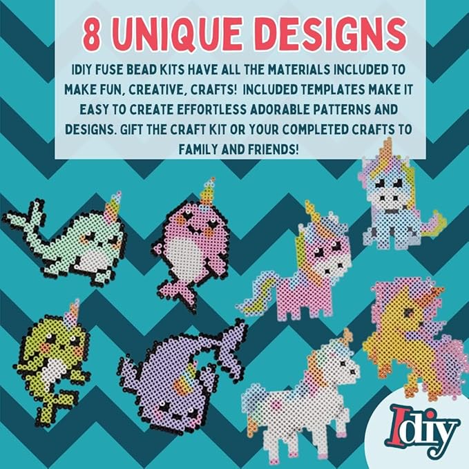 Fuse Beads Super Value Kit- 8000 Beads- Unicorn & Narwhals- Includes 12 Colors, 4 Peg Boards, Tweezers, Ironing Paper & Design templates- DIY Art Craft Project for Kids Vacation, Camp Or Holiday Gift
