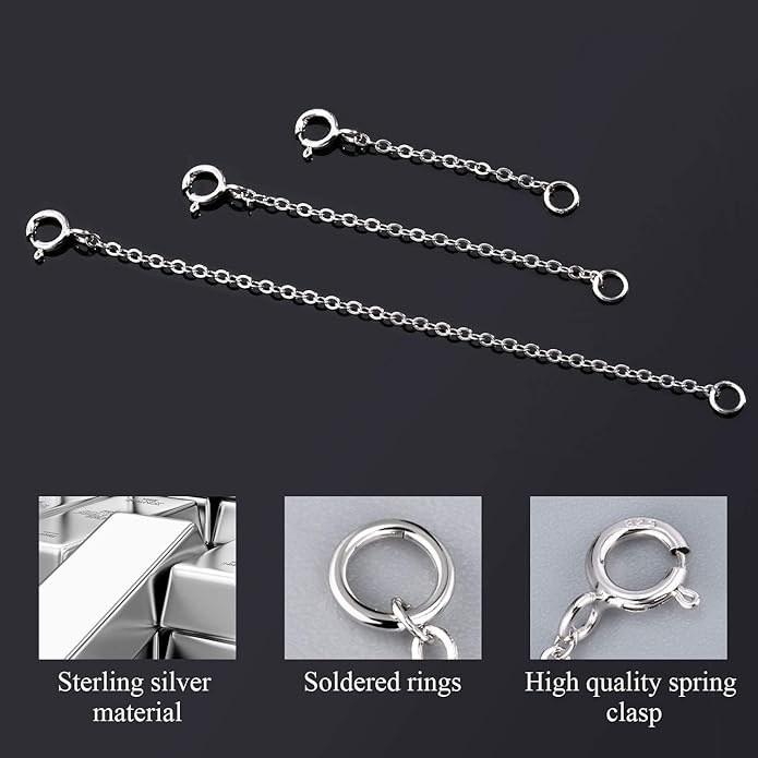 3 Pcs 925 Sterling Silver Necklace Extenders for Women Durable Strong Removable Necklace Bracelet Anklet Extension Jewelry Making Chains