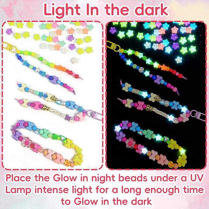 VvLons Bead Keychain Making Kit, Beaded Bag Charm Kit with Glow in The Dark Stars Beads, Colorful Hearts Flowers Bow Letter Alphabet Pony Beads, Football Keyrings Great for Gift or Party DIY Crafts