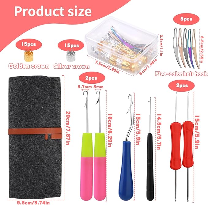 Dreadlock Crochet Hook, 48 Pcs Loc Crochet Needle, 6 Dreadlock Crochet Needle, Crochet Hooks for Hair, Different Size Bent Latch Hook with Case and Dreadlocks Tool (Dark Gray)