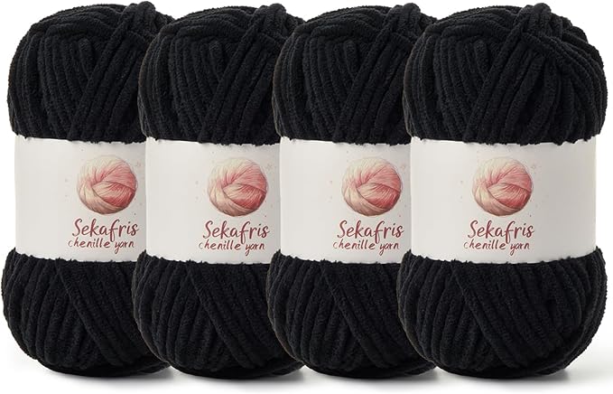 4 Pack Chunky Chenille Yarn for Crocheting, Baby Yarn for Crocheting Soft Blanket, 349.9 yds /14.1 oz Crochet Yarn, Bulky 5 Amigurumi Yarns, Fluffy Velvet Yarns for Knitting Crafts (4 Black)