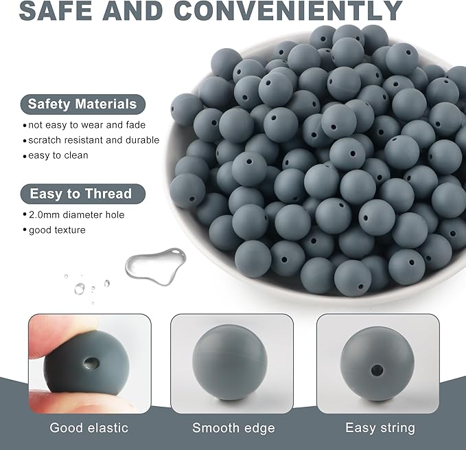 150Pcs 15mm Silicone Beads for Keychain Making Bracelet Necklace, Bulk Round Silicone Beads for Pens（Dim Gray）