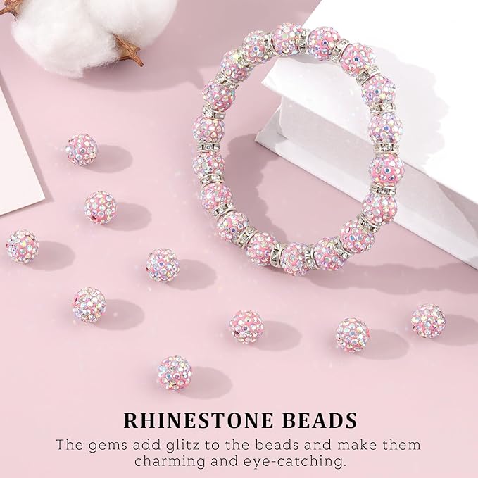 120pcs 10mm rhinestone beads for jewelry making, pink ab shiny round shamballa disco ball beads bulk, sparkle crystal clay christmas for bracelet baseball necklace earring crafting and diy