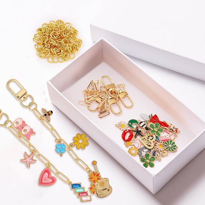 Tondiamo 286 Pcs Gold Keychain Making Kit Bulk Bag Charm Kit 120 Charms 20 Keychain Clips with Key Ring Swivel Snap Hook Lobster Claw Clasps 120 Jump Ring 25 Extender Chain Jewelry Plier DIY Craft