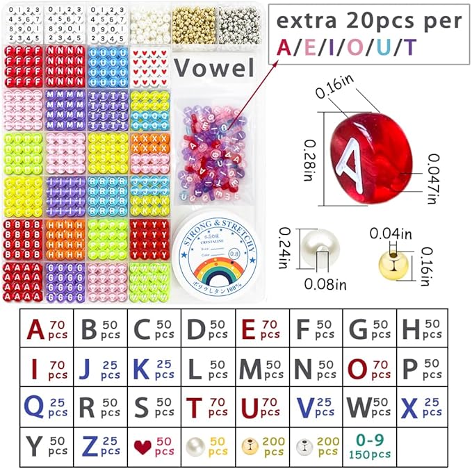 MIIIM 1920 Pcs Pony Beads Letters for Bracelets Making, Vowel-Rich Alphabet Kit with Minimized Rare Characters, 4x7mm Round Letter Beads, Numbers (Clear Colorful)