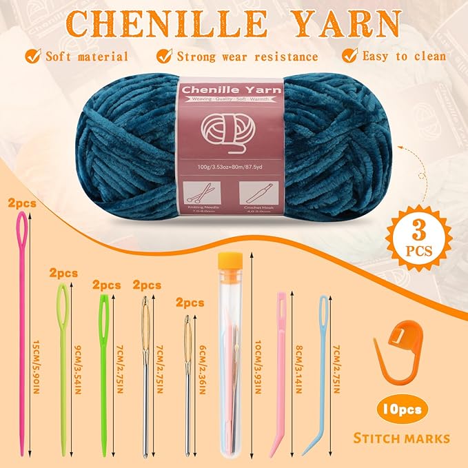 LUNARM Chenille Yarn for Crocheting Knitting, 3 Skein 263 Yard Thick Soft Chunky Fluffy Weaving Plush Yarn for Blankets Clothes Pattern Creations with Big Eye Needles (Marine Green)