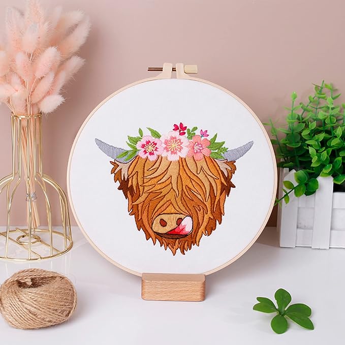 Louise Maelys Highland Cow Stamped Embroidery Kits for Beginners, Cross Stitch kit for Adults Include Instruction,Cloth,Hoop, Needles, Color Threads