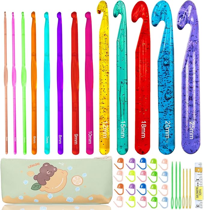 BsHooker 13 Size Crochet Hooks Set,Plastic Crystal Crochet Hook with Case,Large Crochet Hooks for Chunky Yarn Ergonomic Knitting Needles Crochet Needle for Beginners and Crocheting Yarn,3.0mm -25mm