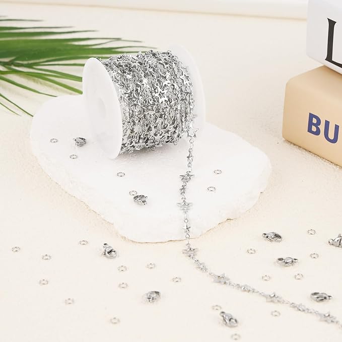 GTVOODX Star Chains for Jewelry Making, Silver 13 Feet Stainless Steel Chain Spool Bulk for Necklace Bracelet Craft DIY Permanent Jewelry Supplies