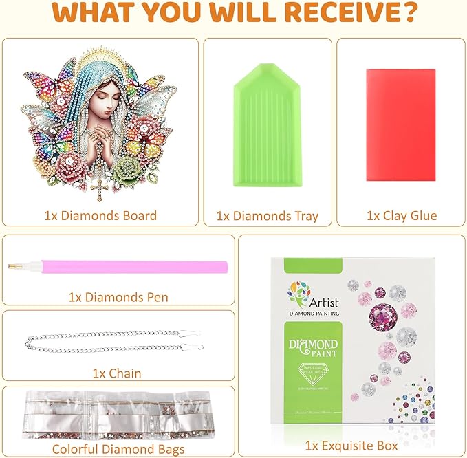 MEIYUDA Virgin Mary Diamond Art Hanging Kits for Adult, Butterfly Virgin Mary Diamond Painting Hanging Kits Ornaments, DIY Special Shaped Rhinestone Window Pendant kit for Home Garden Wall Decor Gift