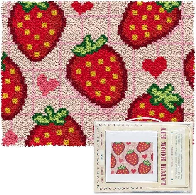 ORIGACH Strawberry Latch Hook Rug Kit for Adults Printed Rug Making Kit Handmade Carpet Tapestry Cover with Hook Latch and Preprinted Canvas, Home Arts Crafts Sofa Decor, 20.5x15inch