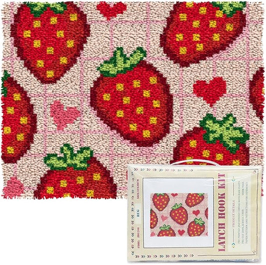 ORIGACH Strawberry Latch Hook Rug Kit for Adults Printed Rug Making Kit Handmade Carpet Tapestry Cover with Hook Latch and Preprinted Canvas, Home Arts Crafts Sofa Decor, 20.5x15inch