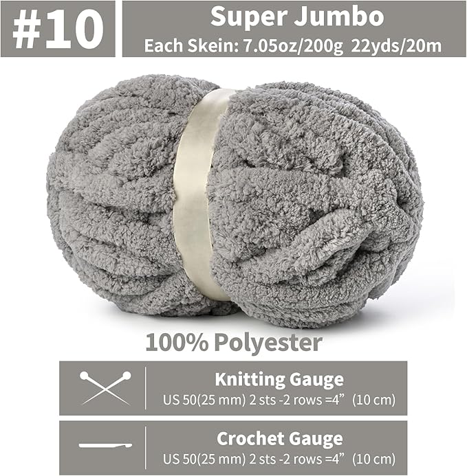 10 Pack Jumbo Chenille Yarn for Crocheting, #10 Super Bulky Baby Soft Yarn for Hand Knitting, 220 yds /70.5 oz Fluffy Chunky Knit Throw Blanket Yarn (Light Grey)