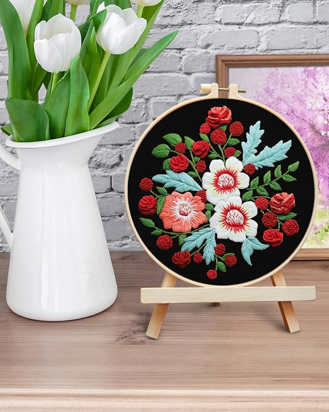 ERKOON Embroidery Kit for Beginners, Flower Cross Stitch Set for Include Embroidery Cloth Hoops Threads for Craft Lover Hand Stitch with Embroidery Skill Techniques (Dream Black Cloth)