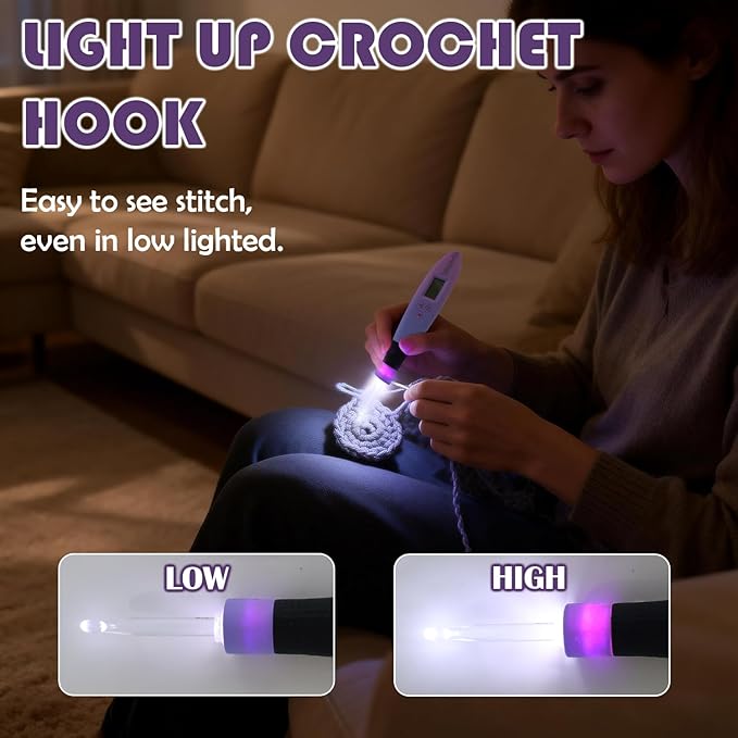 Lewhoo Lighted Crochet Hooks Set, 11 Size Light up Rechargeable Crochet Needle for Fluffy Yarn with Counter 2.5-8.0mm, Ergonomic Handle with Screw Gradiant Purple Glow in Dark