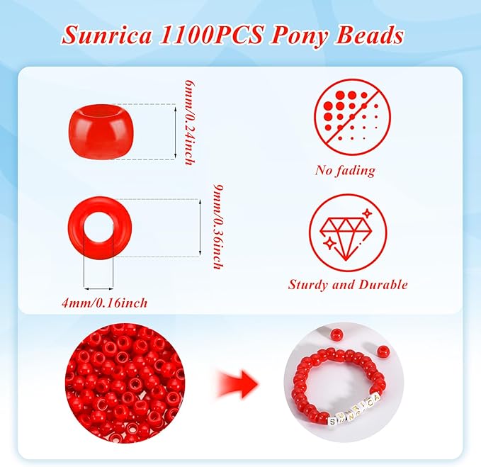 sunrica 1100pcs red pony beads 6x9mm large hole plastic hair beads for braids, kandi bracelets, keychains, jewelry making