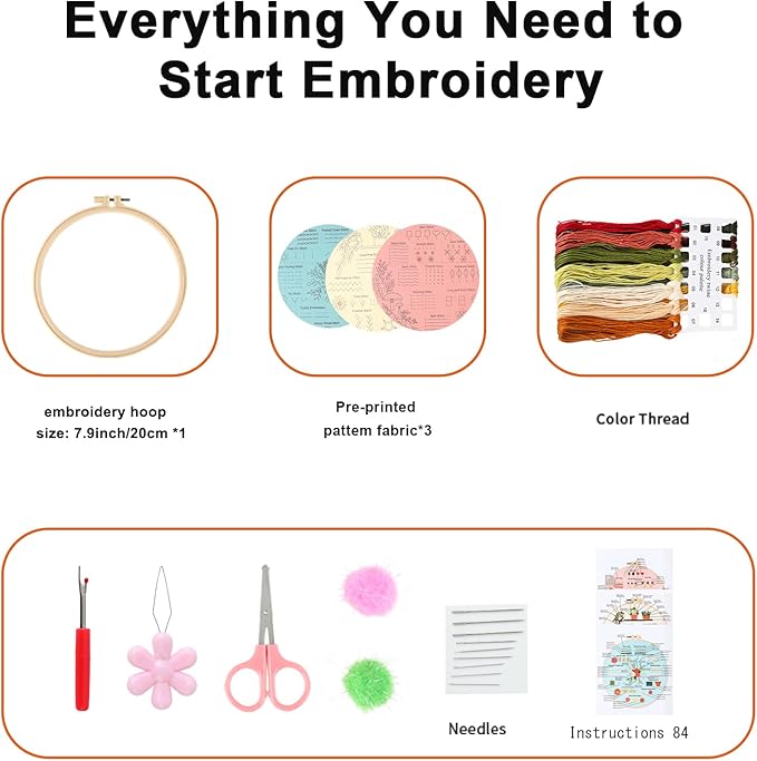 JOINRUN Beginner Embroidery Kit for Adults, 3 Pack Cross Stitch Kits with Pre-Printed Patterns, Threads, Needles, Learn Stitches with 7.8" Hoop, Video Tutorial, DIY Needlework Craft Gift for Women