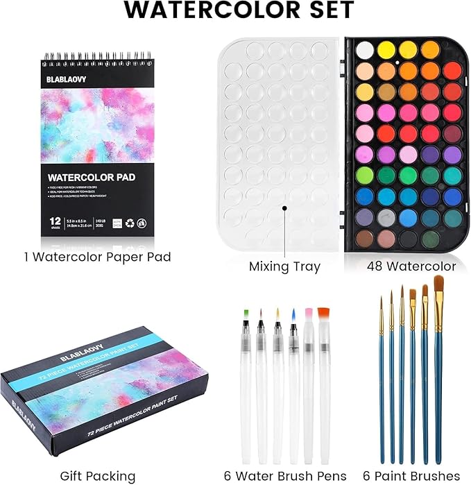 Watercolor Paint, 48 Colors Washable Paint Set, 6 Brush, 6 Refillable Water Brush Pen, Drawing Pad, Palette, Painting sets for Artists Beginners Adult, Water Color Paint Sets for Kids