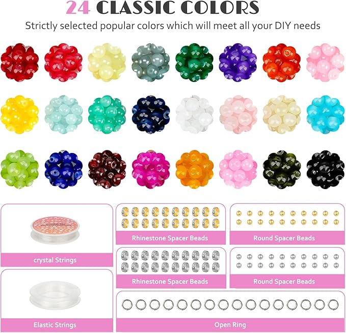 sistenia 8mm glass beads jewelry making kit, 24 colors crystal beads for bracelets round beads diy crafts with spacer beads accessories