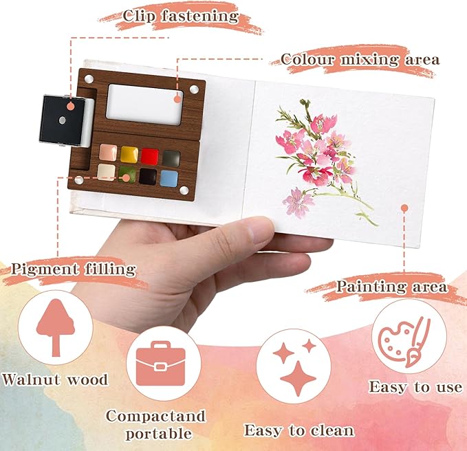 Mini Watercolor Paint Set - Mini Travel Watercolor Palette Set, Pocket Water Color Paint Palette Kit with 12 Colours, Sketchbook, Pens, Wooden Paints Box for Painters Artists