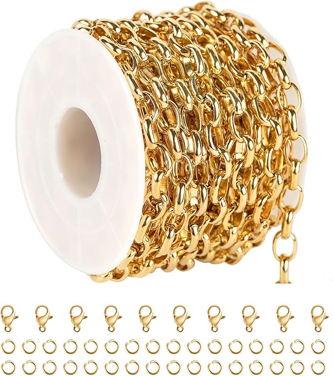 UMAOKANG 16.4 Feet Stainless Steel Oval Chain Gold Plated Chains Bulk with Jump Rings and Lobster Clasps Jewelry Chain Roll