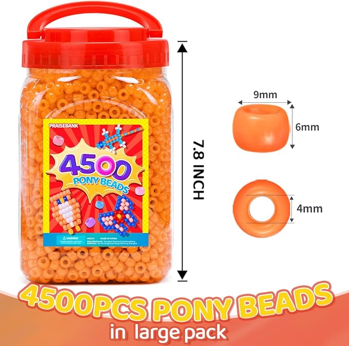 praisebank pony beads, 4500pcs 6x9mm, wholesale beads, bracelets jewelry making, arts & crafts(orange)