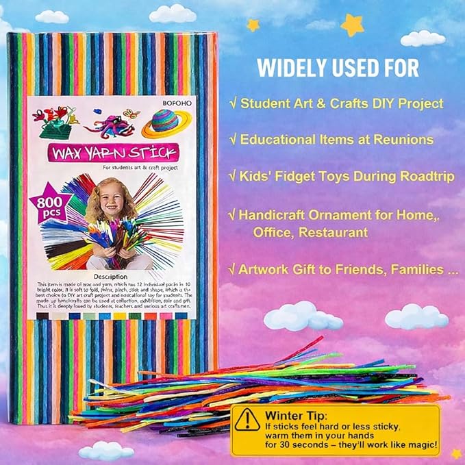 800PCS Wiky Sticks for Kids – Easter Gitfs Mess-Free Sensory Toy, Non-Toxic Wax Yarn Sticks for Travel, Road Trips, Airplane & Restaurant Activities, DIY Arts & Crafts, 13 Colors