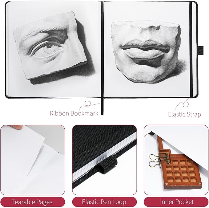 Vienrose 8.3"x8.3" Sketch Books, Linen Cover Hardbound Sketching Book with Acid-Free Paper, Drawing Pad for Kids, Beginners & Professionals, Art Supplies for Adults & Students(Black, 60 Sheets)
