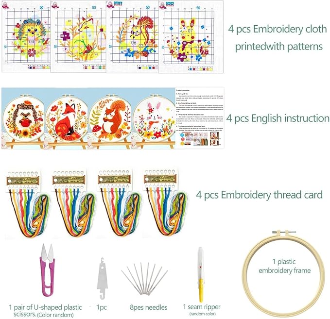 Zhenqing Stamped Cross Stitch Kits for Beginners, Easy-to-Learn Therapeutic Animal Designs with Instructions, DIY Family Craft Kits - Hedgehog, Fox, Squirrel, and Bunny 4-Piece Set (69037)