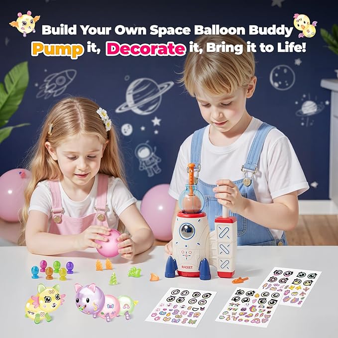 pinshile diy space magic balloon craft kit, sticker decorated balloons toy for kids, rocket air pump fun with balloon monster pals, diy creative activity, birthday gifts for girls boys ages 3+