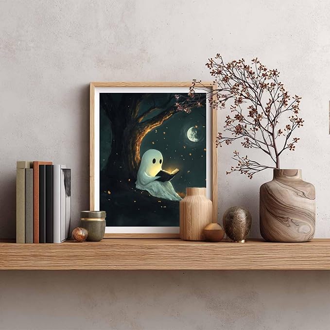 Cawpom Ghost Reading Paint by Numbers Kit for Adults, Halloween Spooky Paint by Number, Funny Ghosts Acrylic Painting, Home Wall Decor - Moon Night(16x20inch, No Frame)